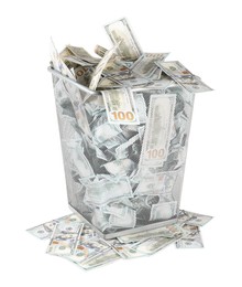 Photo of Many dollar banknotes in trash bin isolated on white