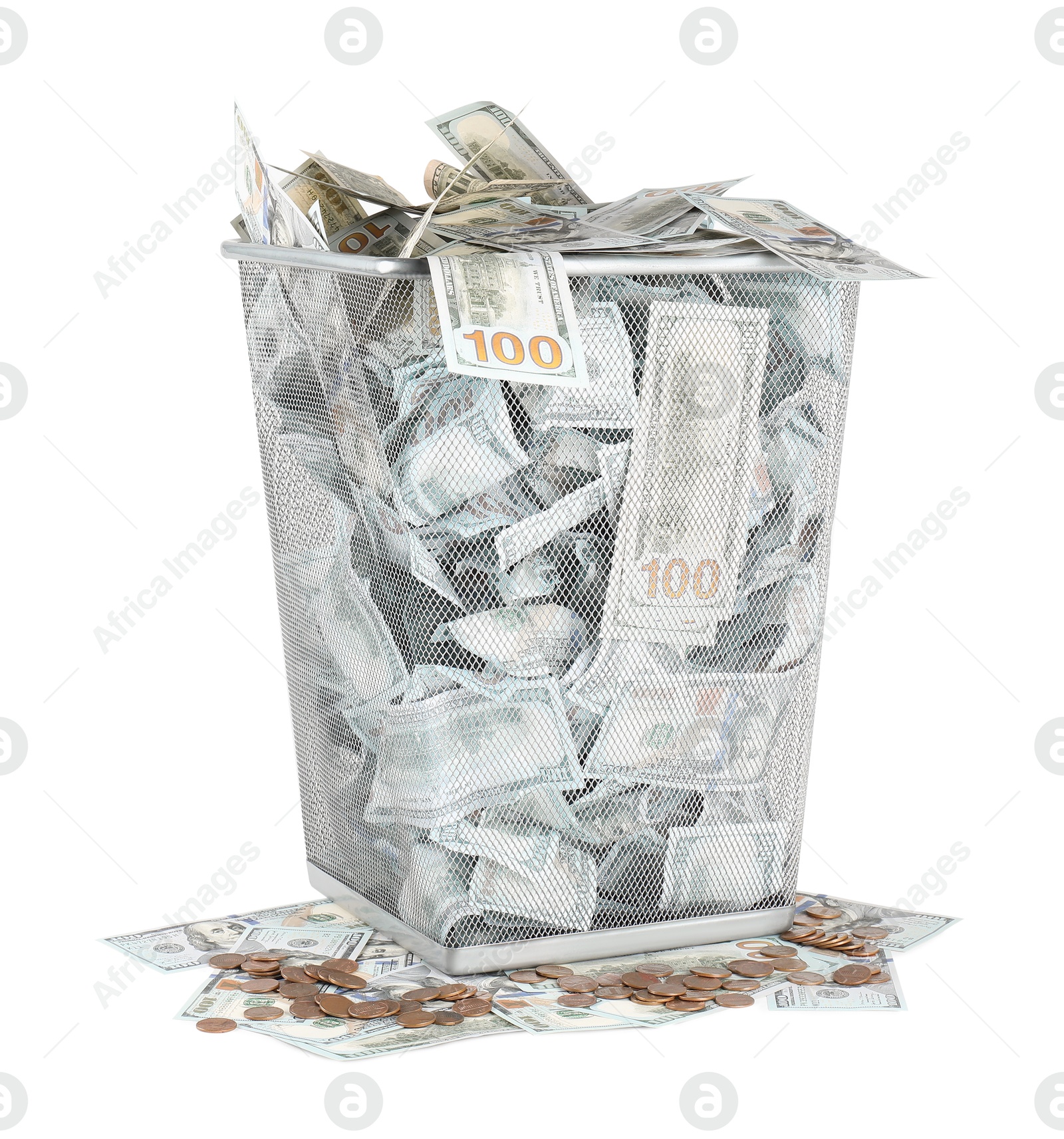 Photo of Many dollar banknotes in trash bin and coins isolated on white