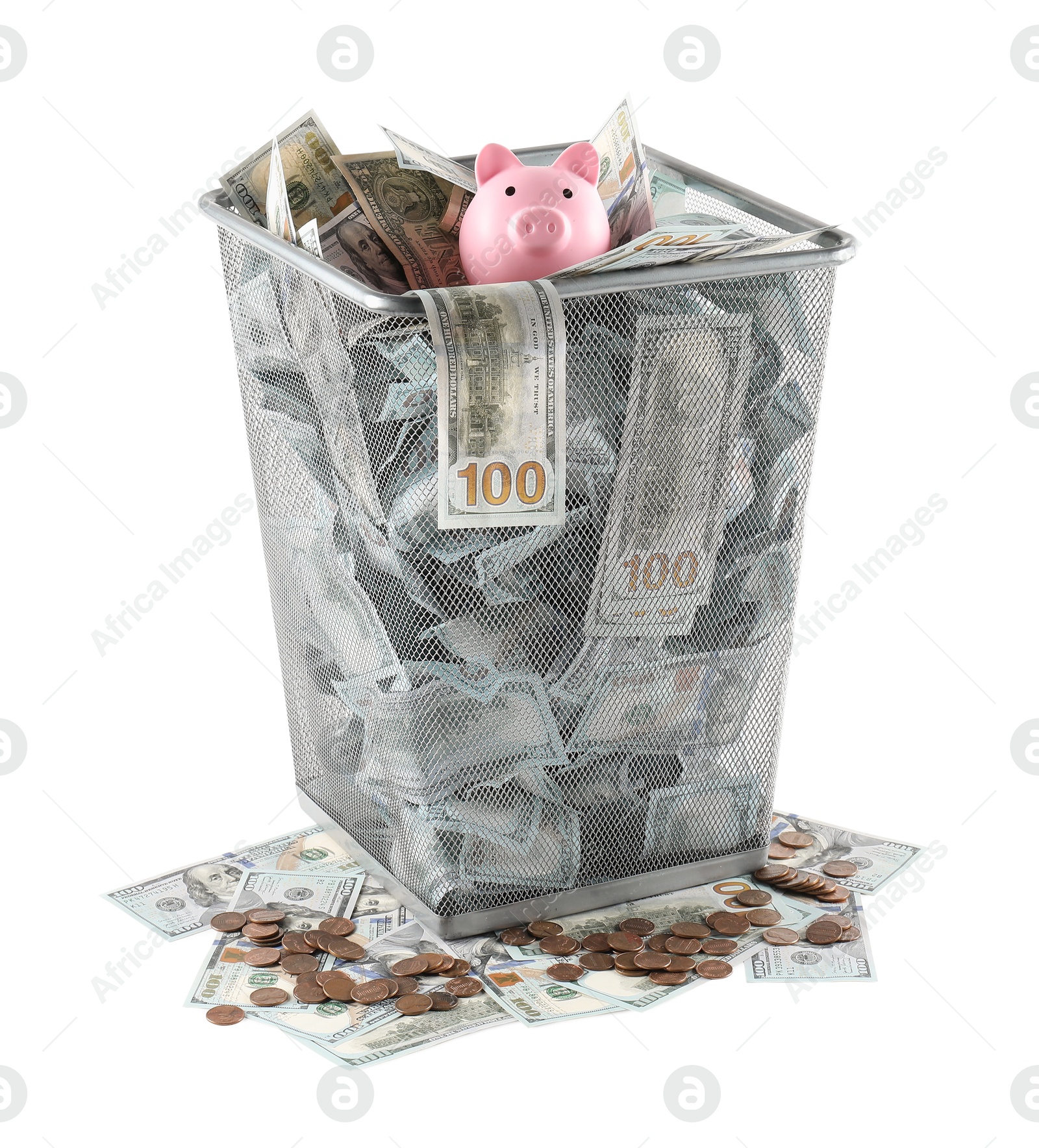 Photo of Many dollar banknotes and piggy bank in trash bin isolated on white