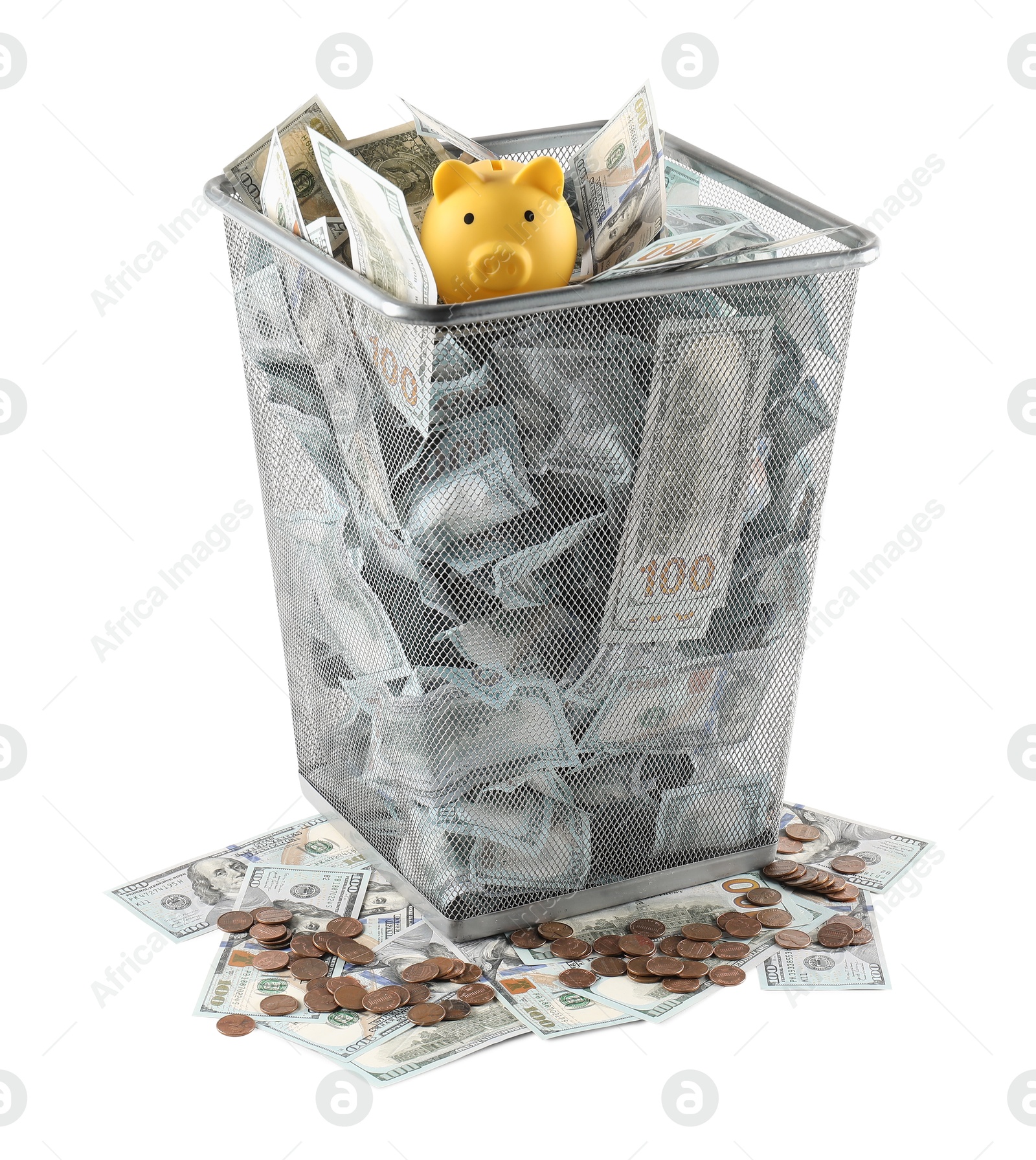 Photo of Many dollar banknotes and piggy bank in trash bin isolated on white