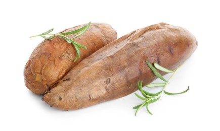 Photo of Tasty cooked sweet potatoes and rosemary isolated on white