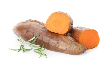 Photo of Tasty cooked sweet potatoes and rosemary isolated on white