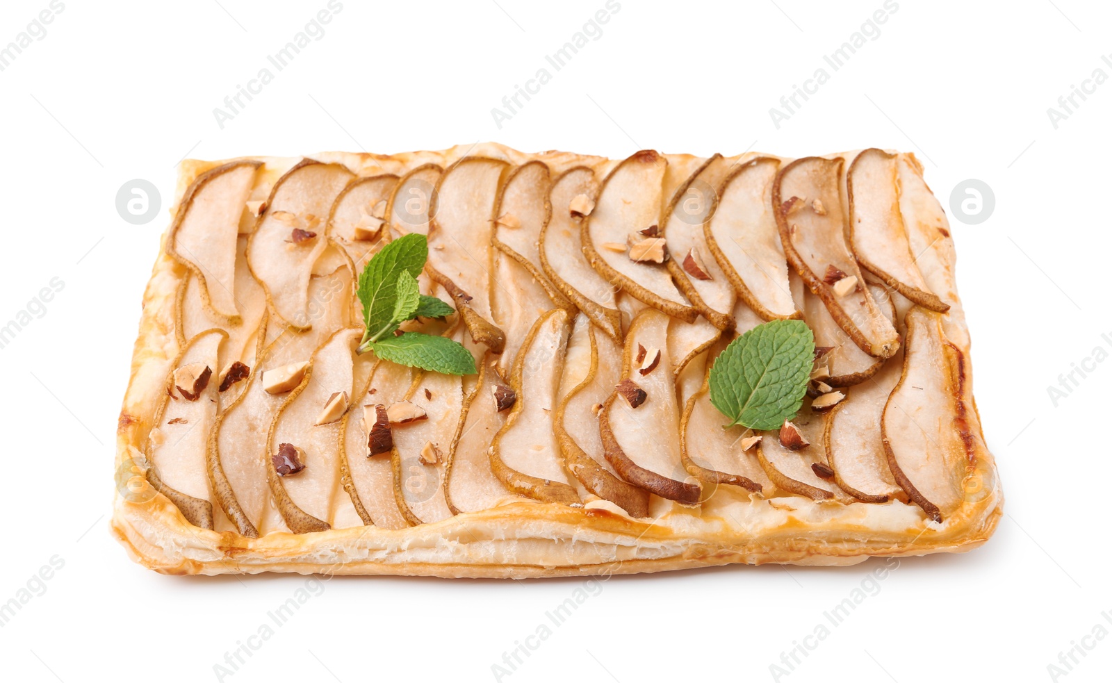 Photo of Delicious puff pastry tart with pears, almond and mint isolated on white