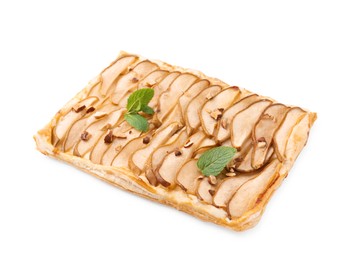 Photo of Delicious puff pastry tart with pears, almond and mint isolated on white