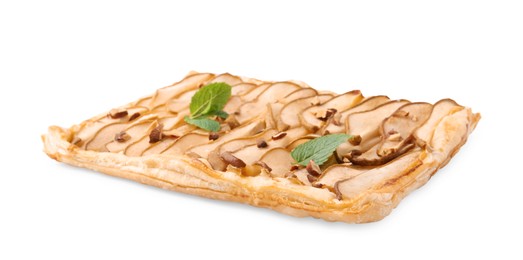 Photo of Delicious puff pastry tart with pears, almond and mint isolated on white