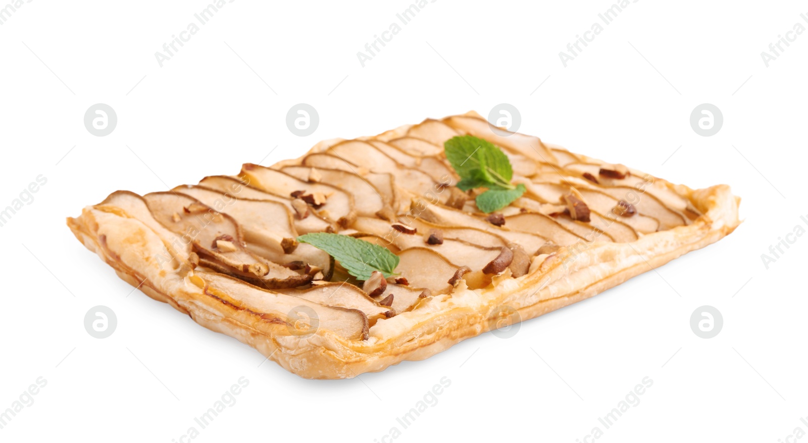 Photo of Delicious puff pastry tart with pears, almond and mint isolated on white