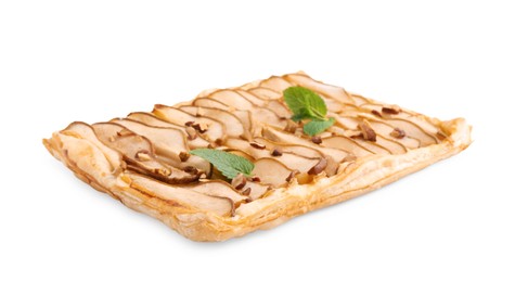 Photo of Delicious puff pastry tart with pears, almond and mint isolated on white