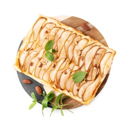 Photo of Delicious puff pastry tart with pears, almond and mint isolated on white, top view