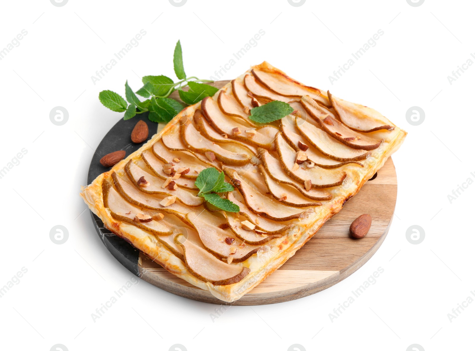 Photo of Delicious puff pastry tart with pears, almond and mint isolated on white