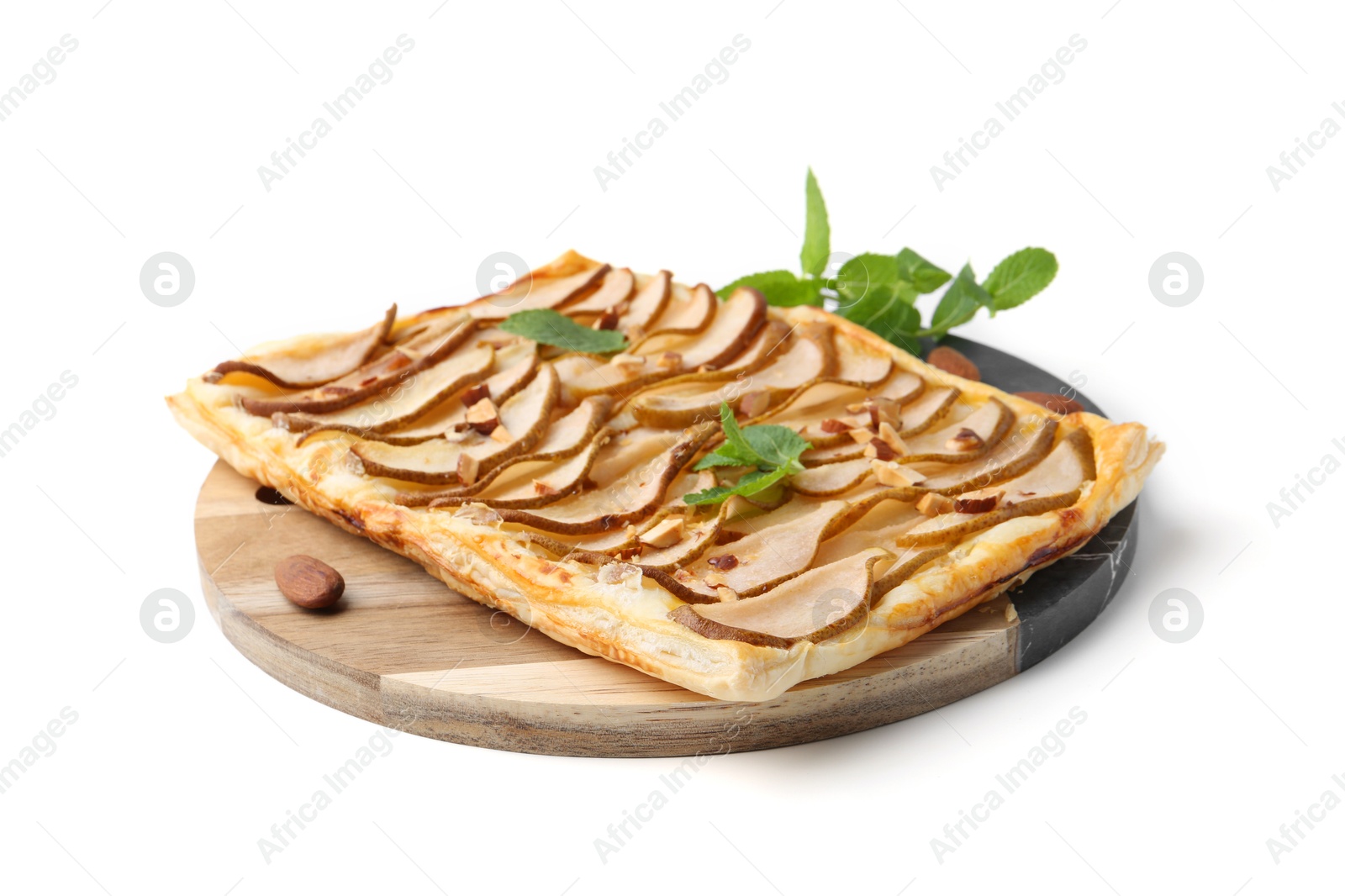 Photo of Delicious puff pastry tart with pears, almond and mint isolated on white