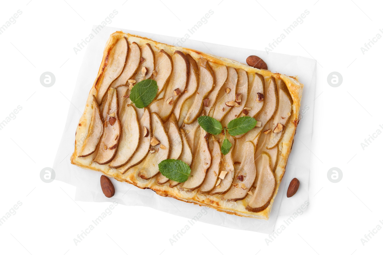 Photo of Delicious puff pastry tart with pears, almond and mint isolated on white, top view