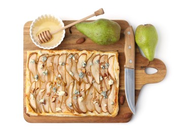 Photo of Delicious puff pastry tart with pears, almond, honey and blue cheese isolated on white, top view