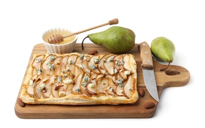 Photo of Delicious puff pastry tart with pears, almond, honey and blue cheese isolated on white