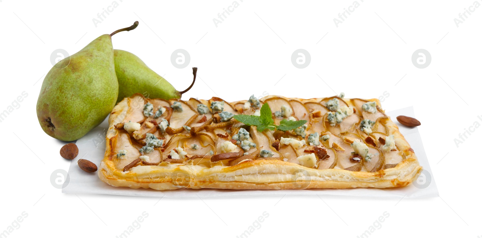 Photo of Delicious puff pastry tart with pears, almond, mint and blue cheese isolated on white