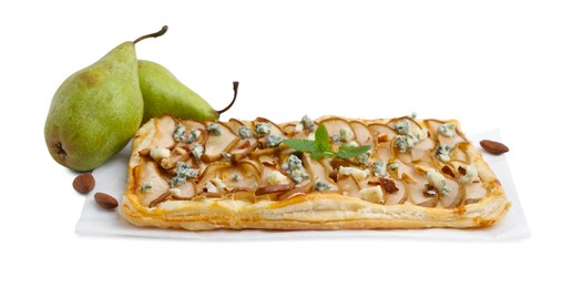 Photo of Delicious puff pastry tart with pears, almond, mint and blue cheese isolated on white