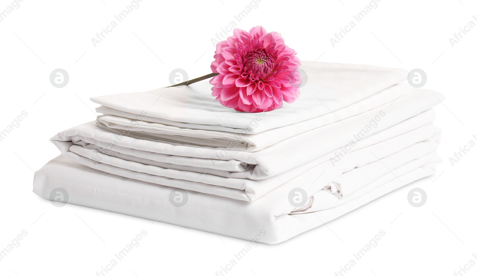 Photo of Stacked bed linens and pink flower on white background