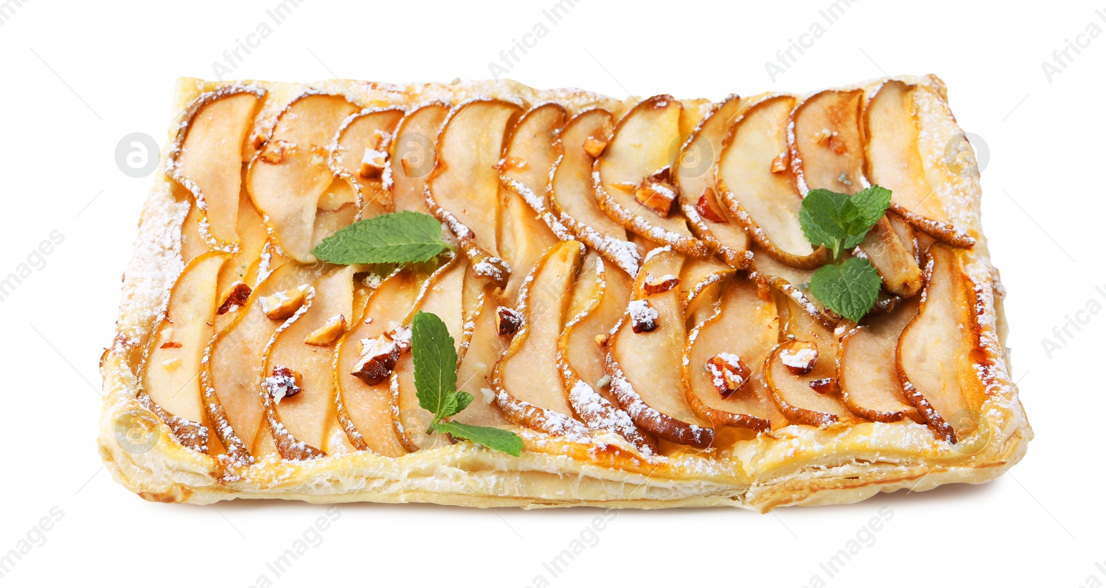 Photo of Tasty puff pastry pie with pears isolated on white