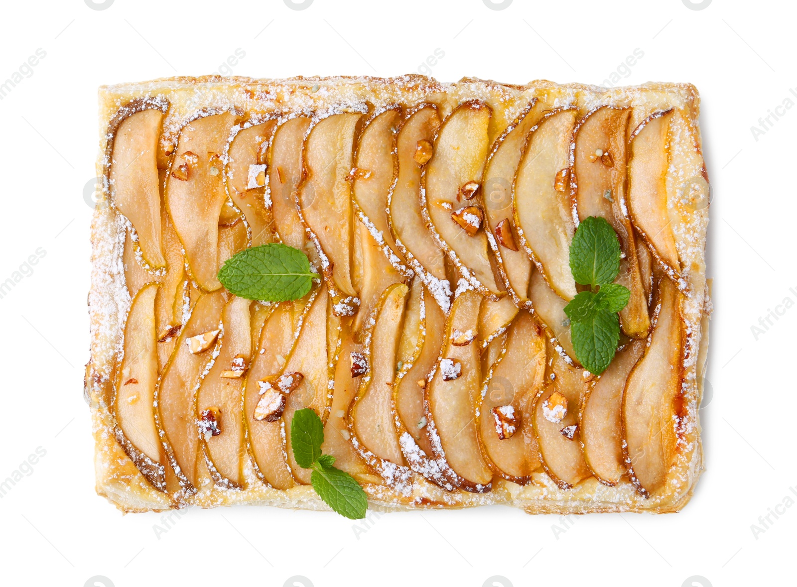 Photo of Tasty puff pastry pie with pears isolated on white, top view