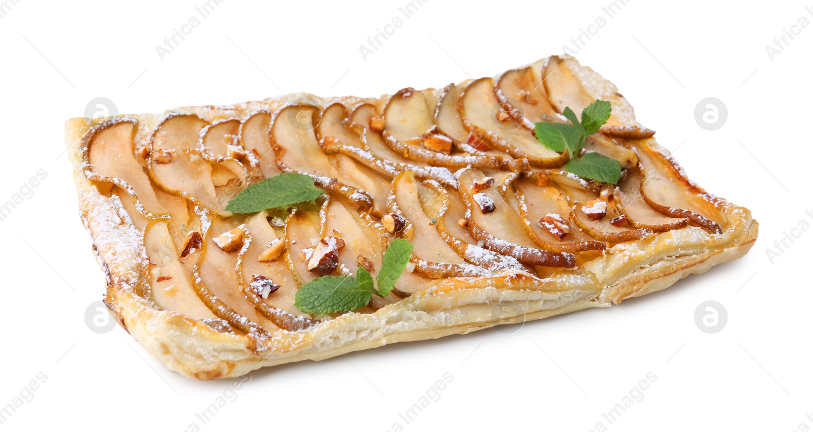 Photo of Tasty puff pastry pie with pears isolated on white