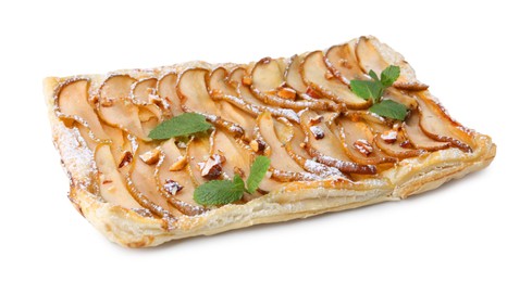 Photo of Tasty puff pastry pie with pears isolated on white