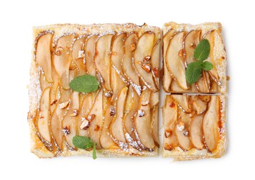 Photo of Tasty puff pastry pie with pears isolated on white, top view