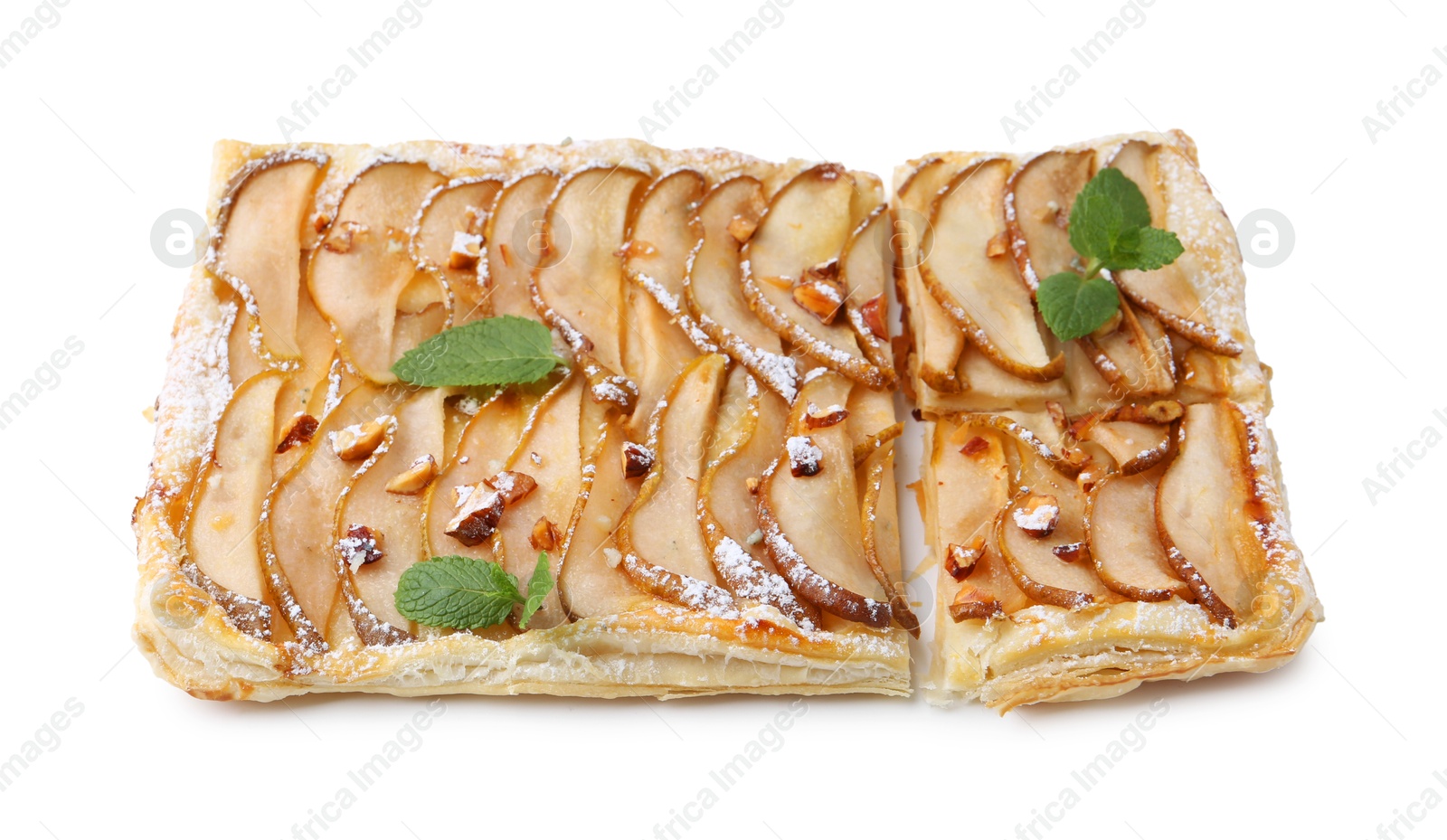 Photo of Tasty puff pastry pie with pears isolated on white