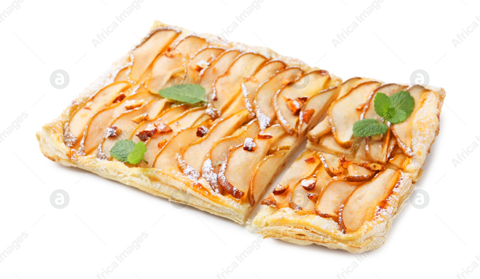 Photo of Tasty puff pastry pie with pears isolated on white