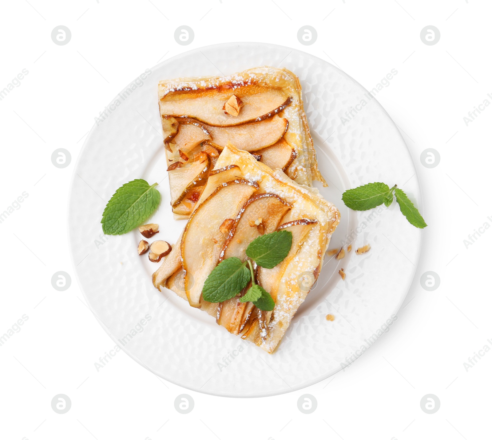 Photo of Pieces of tasty puff pastry pie with pears and mint isolated on white, top view