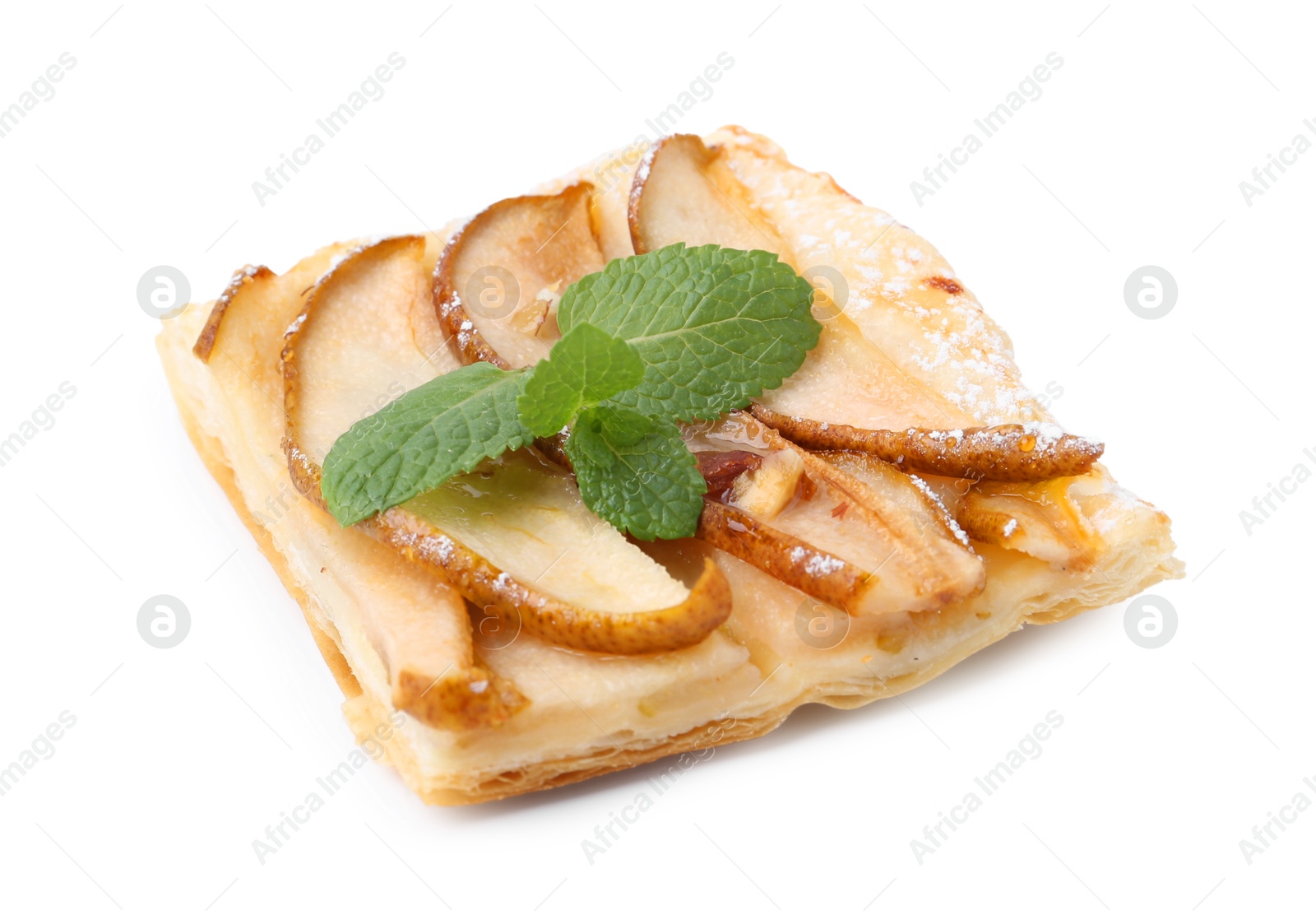 Photo of Piece of tasty puff pastry pie with pears and mint isolated on white