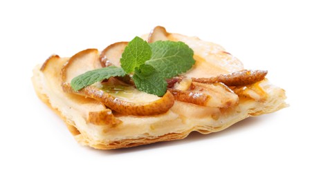 Photo of Piece of tasty puff pastry pie with pears and mint isolated on white