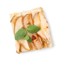 Photo of Piece of tasty puff pastry pie with pears and mint isolated on white, top view