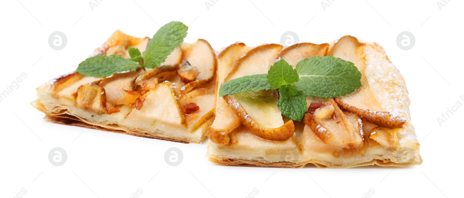 Photo of Pieces of tasty puff pastry pie with pears and mint isolated on white