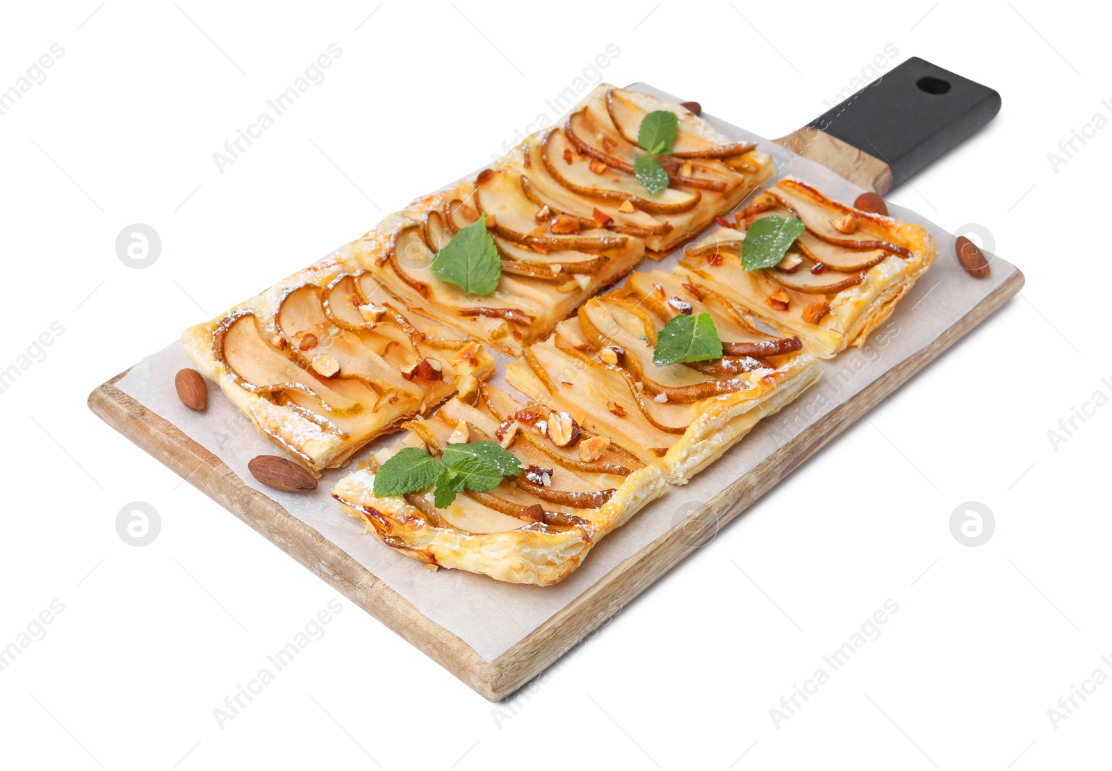 Photo of Pieces of tasty puff pastry pie with pears, mint and almonds isolated on white