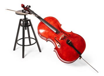 Photo of Beautiful cello and stool isolated on white. Classic musical instrument