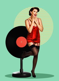 Pin-up style poster with beautiful woman near vinyl record on turquoise background