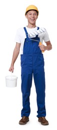 Young decorator with paint roller and bucket on white background