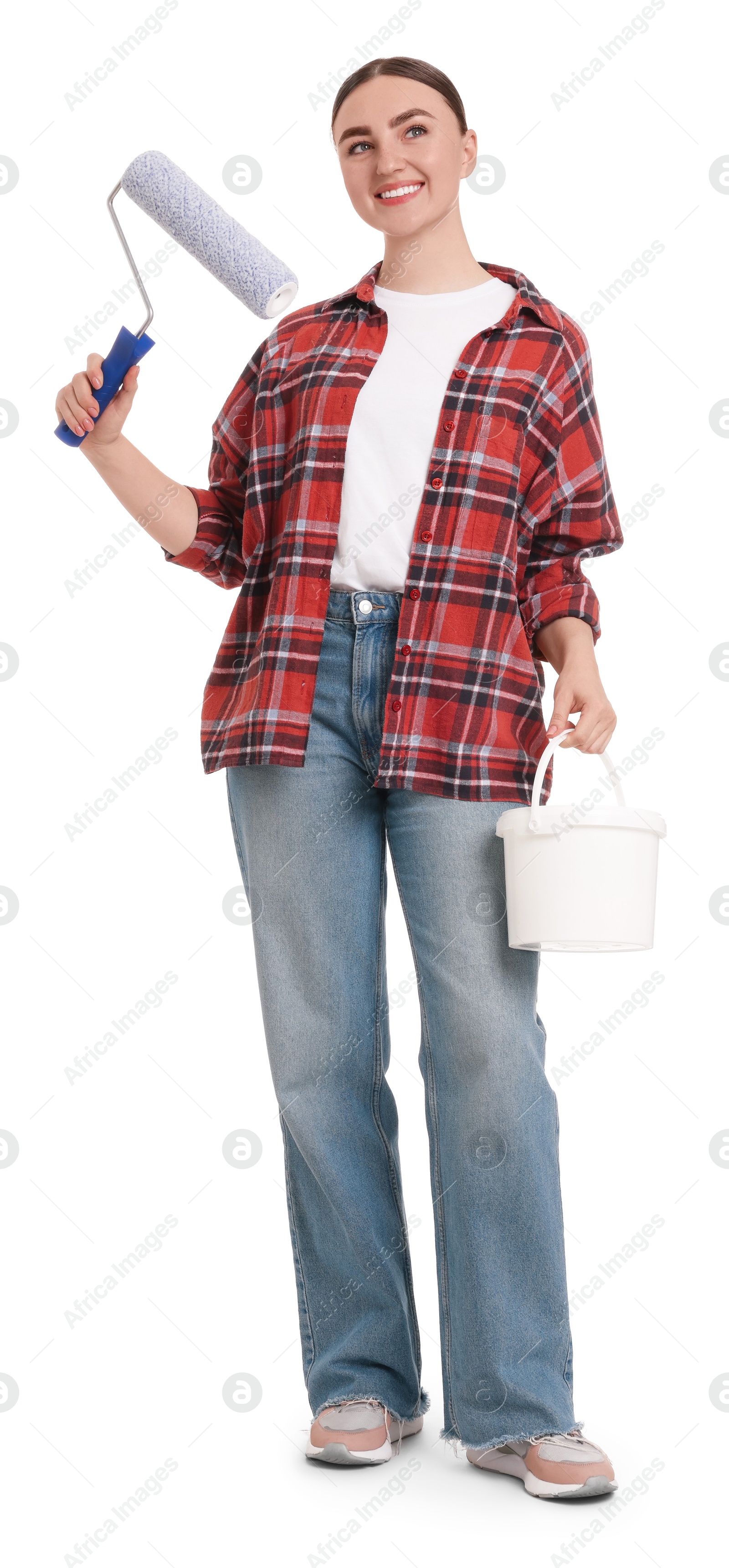 Photo of Young decorator with paint roller and bucket on white background