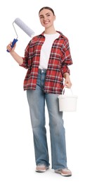 Young decorator with paint roller and bucket on white background