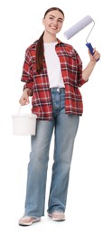 Young decorator with paint roller and bucket on white background