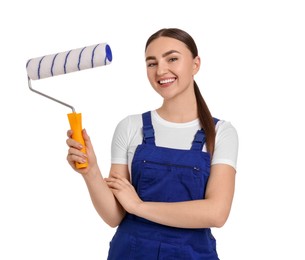 Portrait of young decorator with paint roller on white background