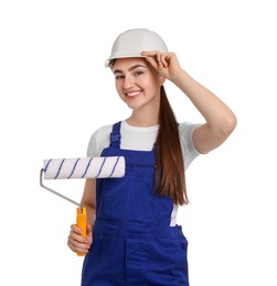 Photo of Portrait of young decorator with paint roller on white background