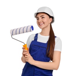 Photo of Portrait of young decorator with paint roller on white background