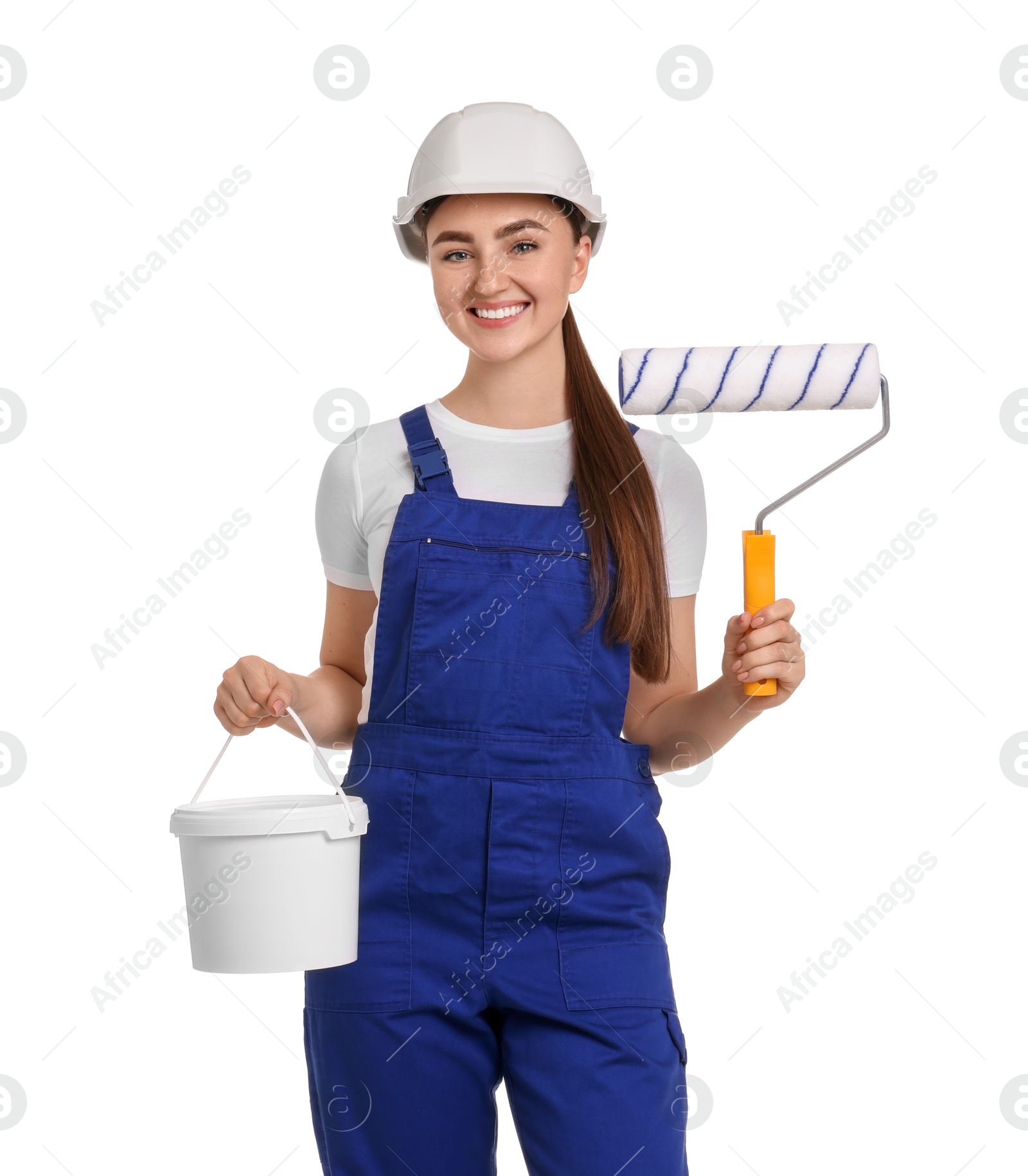 Photo of Portrait of young decorator with paint roller and bucket on white background