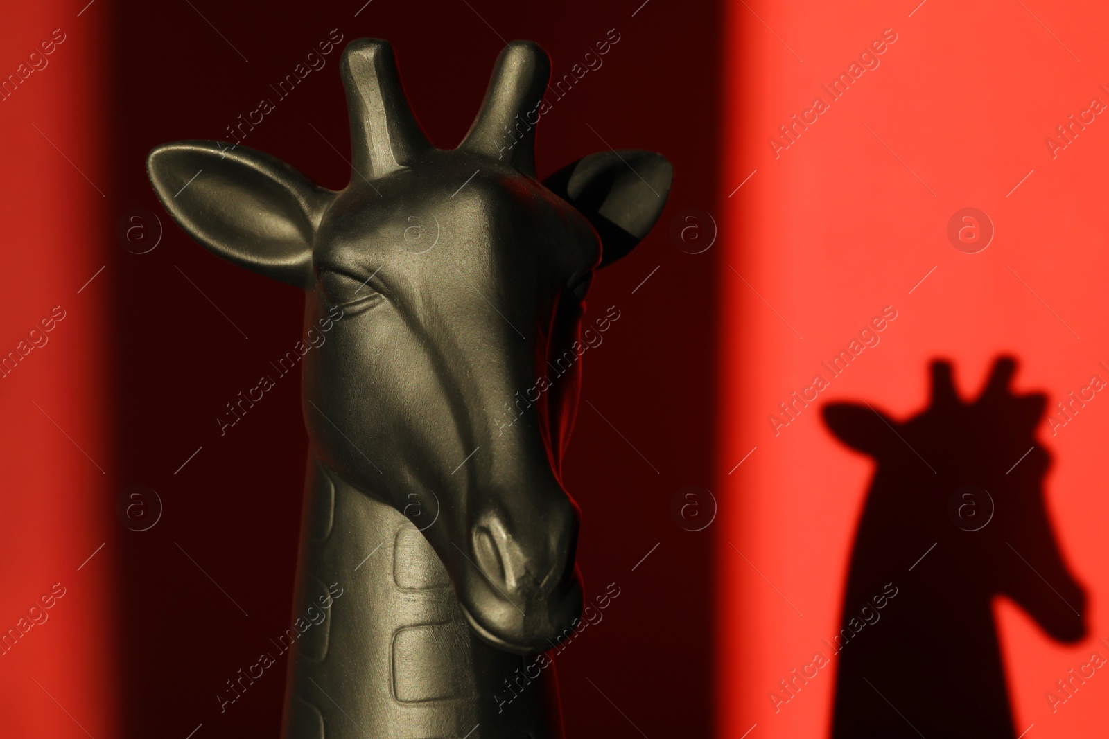 Photo of Decorative figure of giraffe casting shadow on red background, closeup