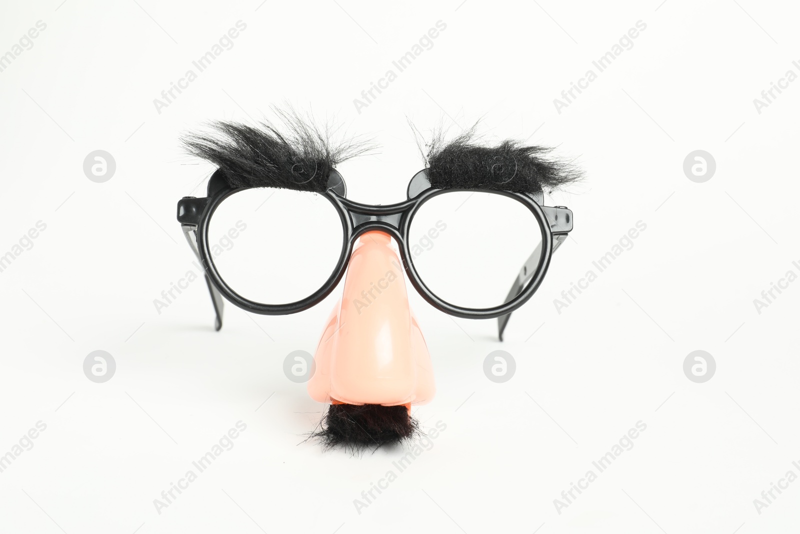 Photo of Funny mask with fake mustache, nose and glasses on white background