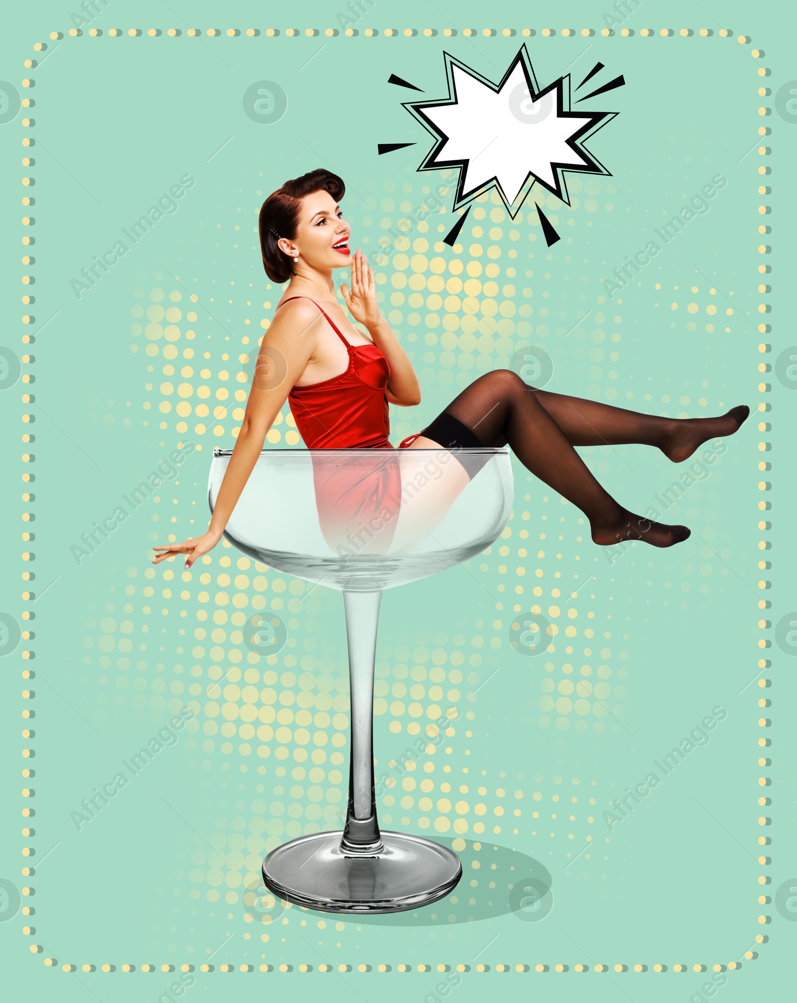 Image of Pin-up style poster with beautiful woman in cocktail glass on turquoise background