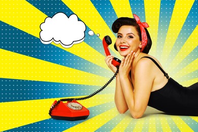 Image of Pin-up woman talking on red vintage telephone on striped background, thought bubble near her. Stylish poster