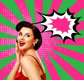 Pin-up woman on striped background, speech bubble near her. Stylish poster