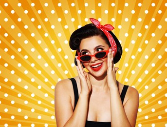 Image of Pin-up style poster with beautiful woman in red sunglasses on dotted orange background