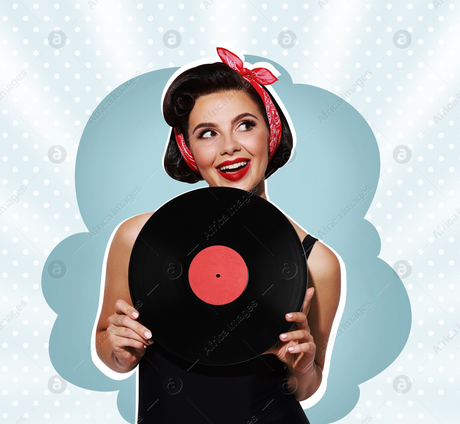 Image of Pin-up woman holding vinyl record on color background. Stylish poster